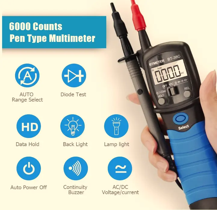 BTMETER BT-38C Pen Type Digital Multimeter, 6000 Counts Voltage Continuity Tester with Buzzer, AC/DC 600V, Resistance 60MΩ, Capacitance, Diode, Auto Range, Data Hold, Backlit LCD 