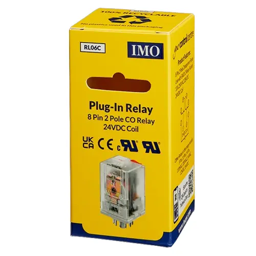 RL06C is an 8pin 2 pole 24V DC relay. It should be used in conjunction with IMO’s BA01C base .