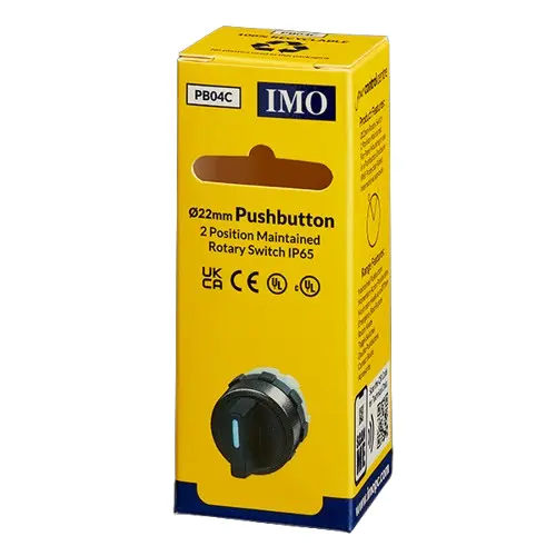 PB04C is a rotary knob with a black bezel. It has 2 positions and turns through 120 degrees.