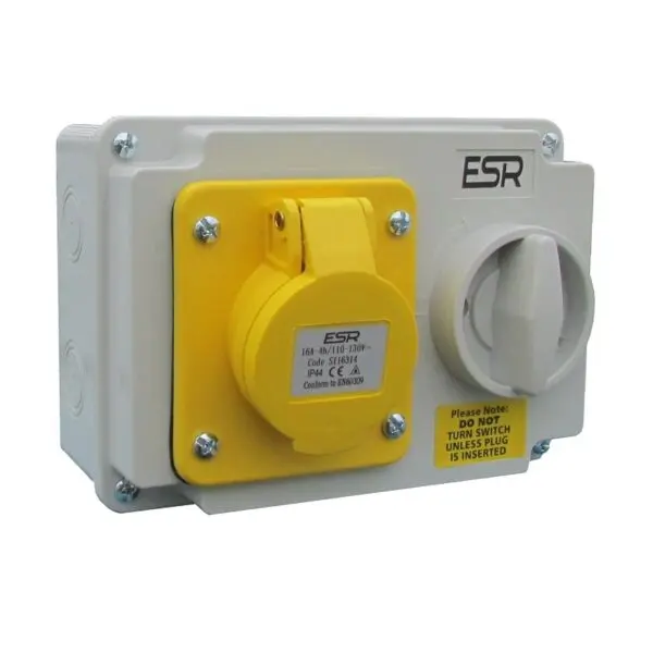ESR 16a 3 Pin (2P+E) Yellow IP44 Industrial Switched Interlock Socket 110V