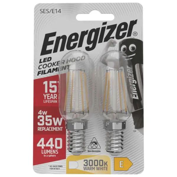 Energizer LED Filament Cookerhood E14 (SES) 440lm 4W 3,000K (Warm White), Blister of 2