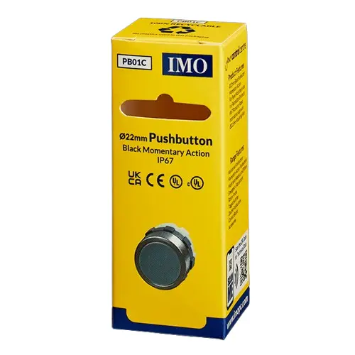 PB01C is a flush black pushbutton actuator. It is 22.5mm diameter.