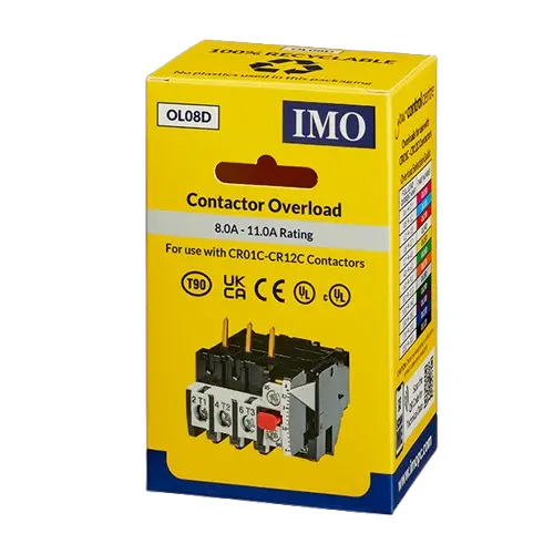 OL08D is a thermal overload with a range of 8.0-11.0A. It is compatible with IMO’s collection of contactors and starters.