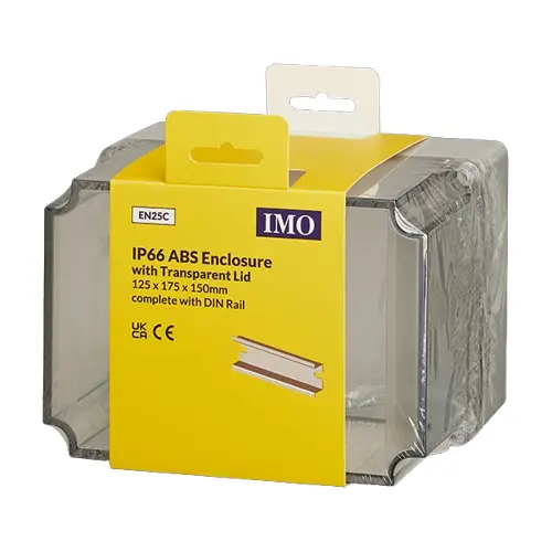 EN25C is a plastic enclosure with plain sided walls. It has an Ingress Protection rating of IP66 and comes complete with Din-Rail.