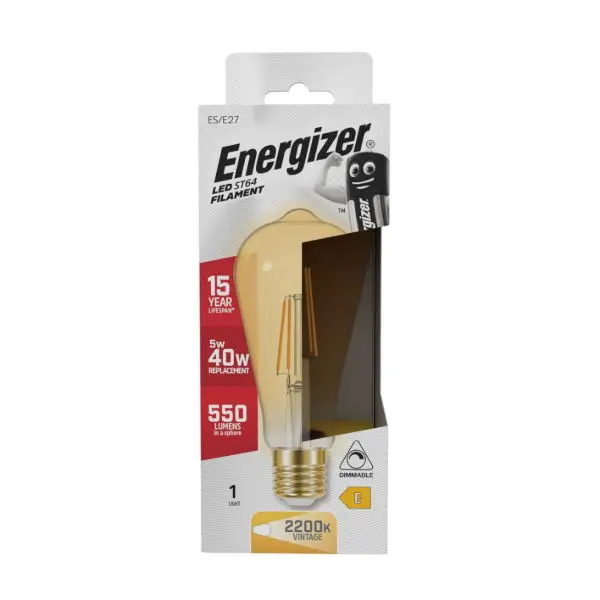 Energizer LED Filament Gold ST64 E27 (ES) 550lm 5W 2,200K (Warm White) Dimmable