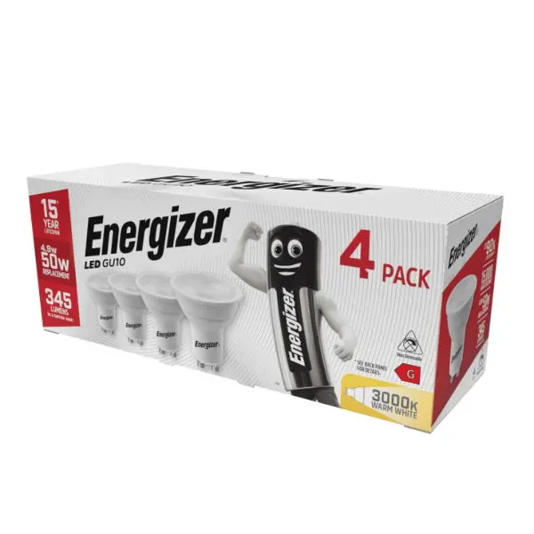 Energizer LED GU10 345lm 4.9W 3,000K (Warm White), Box of 4
