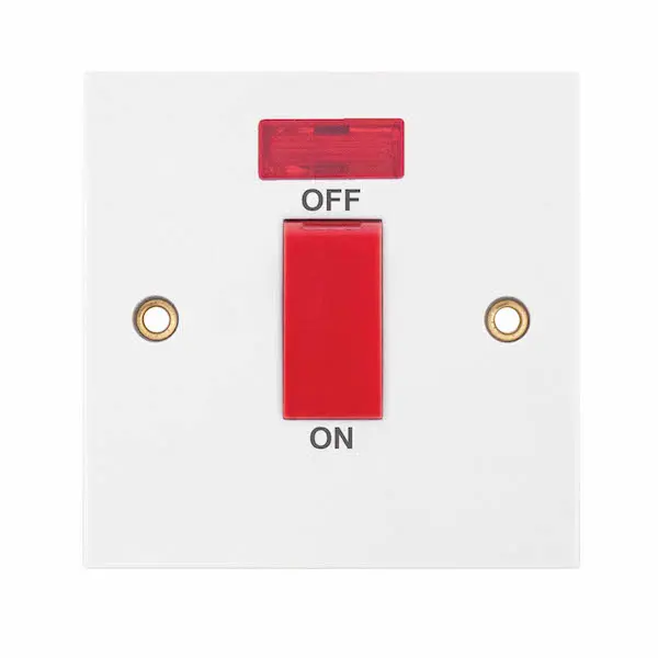 Selectric Square Edged 45 Amp DP Switch with Neon – 1 Gang Plate Red Rocker