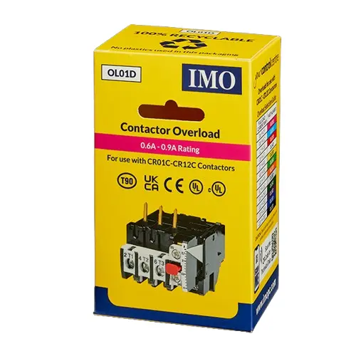OL01D is a thermal overload with a range of 0.6-0.9A. It is compatible with IMO’s collection of contactors and starters.