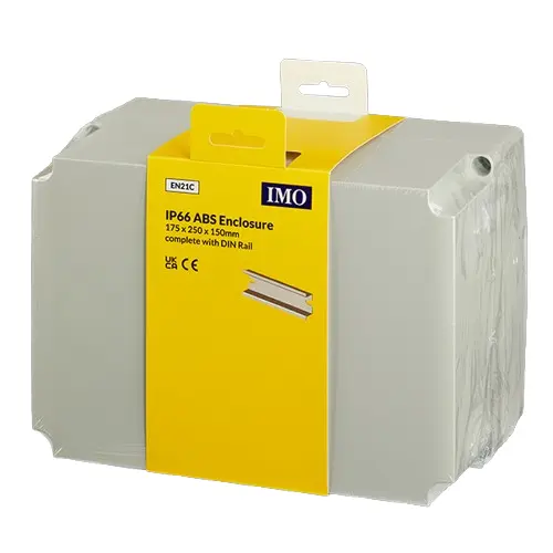 EN21C is a plastic enclosure with plain sided walls. It has an Ingress Protection rating of IP66 and comes complete with Din-Rail.