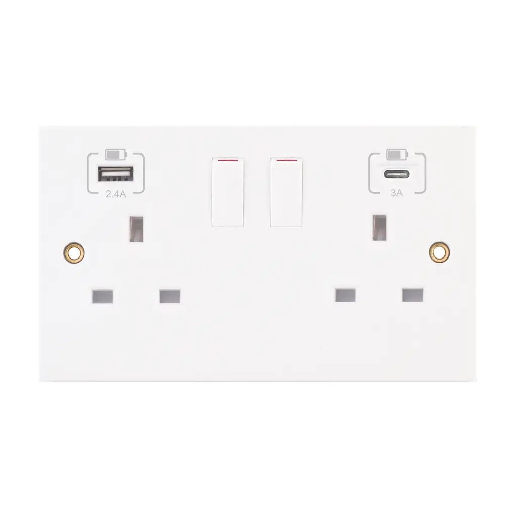 Selectric Square Edged White 2 Gang 13 Amp Socket with 2 x USB Ports 1 C Type 1 A type 2.4A / 3A SP – Switched