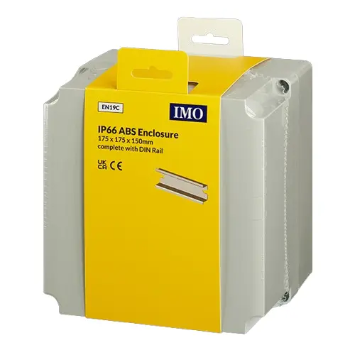EN19C is a plastic enclosure with plain sided walls. It has an Ingress Protection rating of IP66 and comes complete with Din-Rail.