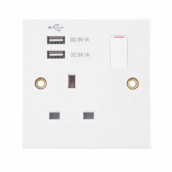 Selectric Square Edged White 1 Gang 13 Amp Socket with 2 x USB Ports SP – Switched