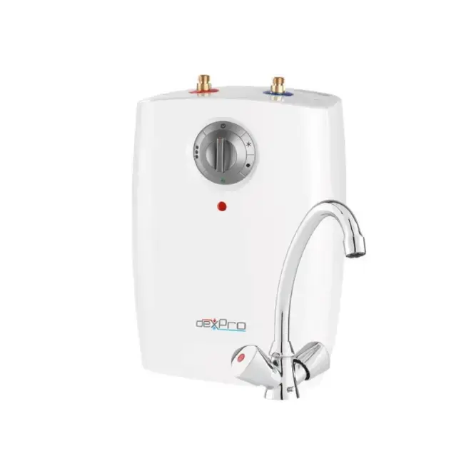 Dexpro DXU5LV 5L Under sink Vented Water Heater 2.kW with Kitchen Swan Neck Vented Mixer Tap &amp; Hoses
		 
