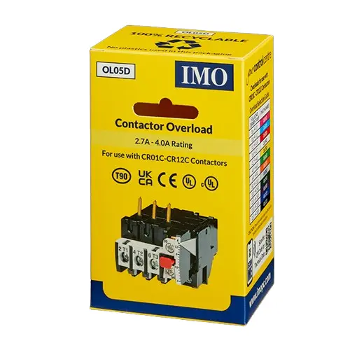 OL05D is a thermal overload with a range of 2.7-4.0A. It is compatible with IMO’s collection of contactors and starters.