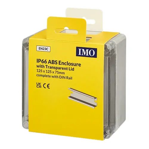 EN23C is a plastic enclosure with plain sided walls. It has an Ingress Protection rating of IP66 and comes complete with Din-Rail.
