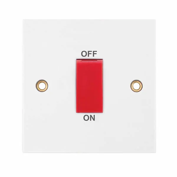 Selectric Square Edged 45 Amp DP Switch – 1 Gang Plate Red Rocker