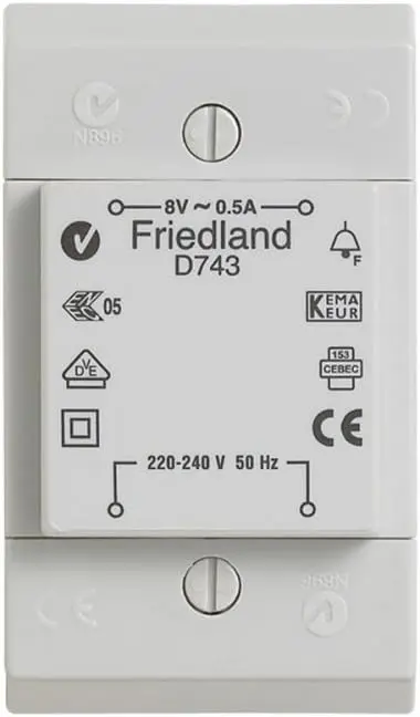 Friedland D743 Bell &amp; Chime Transformer 8v 0.5amp