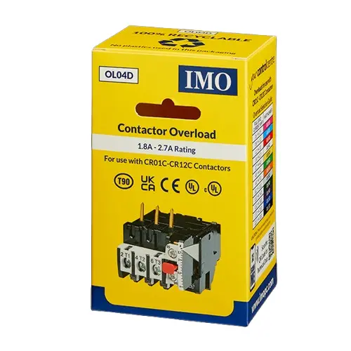 OL04D is a thermal overload with a range of 1.8-2.7A. It is compatible with IMO’s collection of contactors and starters