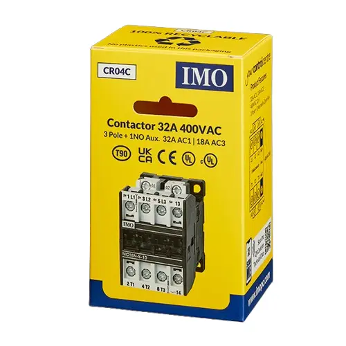 CR04C is a 32A 3 pole, 400VAC contactor with 1 N/O auxiliary.