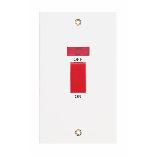 Selectric Square Edged 45 Amp DP Switch with Neon – 2 Gang Plate Red Rocker