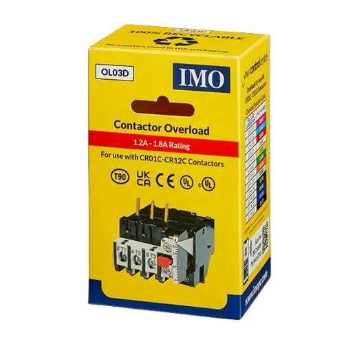 OL03D is a thermal overload with a range of 1.2-1.8A. It is compatible with IMO’s collection of contactors and starters.