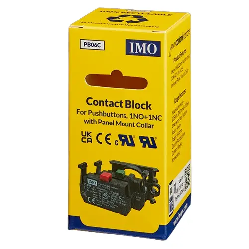 PB06C is a pushbutton mounting collar, complete with a 1 N/O and 1 N/C contact block.