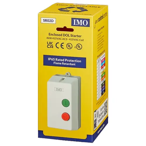 SR02D is a 4kW 415V direct online enclosed starter. To be used with the IMO OL thermal overload range.