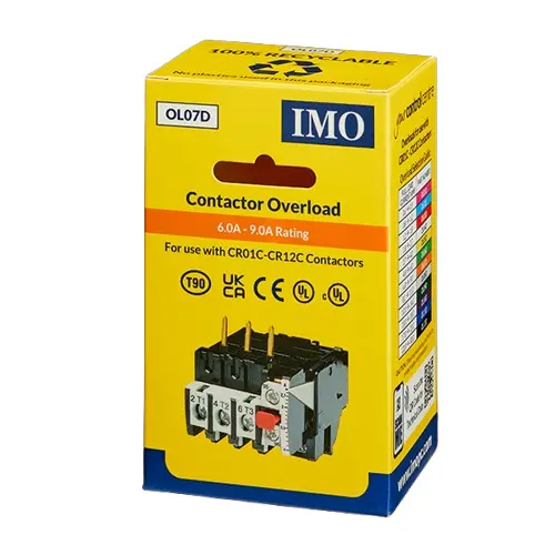 OL07D is a thermal overload with a range of 6.0-9.0A. It is compatible with IMO’s collection of contactors and starters.