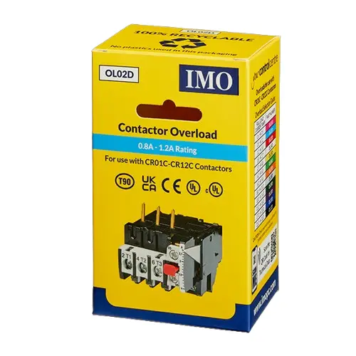 OL02D is a thermal overload with a range of 0.8-1.2A. It is compatible with IMO’s collection of contactors and starters.