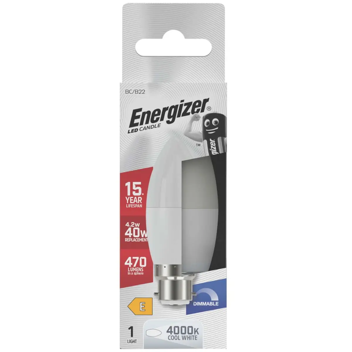 Energizer LED Candle B22 (BC) 470lm Opal 4.2W 4,000K (Cool White) Dimmable