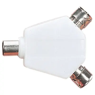 1 x line plug to 2 x line sockets, with white plastic cover and nickel plated plug/sockets.