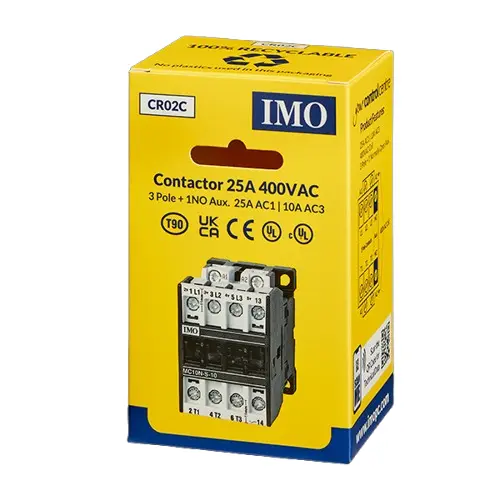 CR02C is a 25A 3 pole, 400VAC contactor with 1 N/O auxiliary.