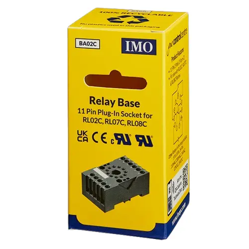 BA02C is an 11pin Din Rail Relay Base and is suitable with IMO's range of 11pin relays.